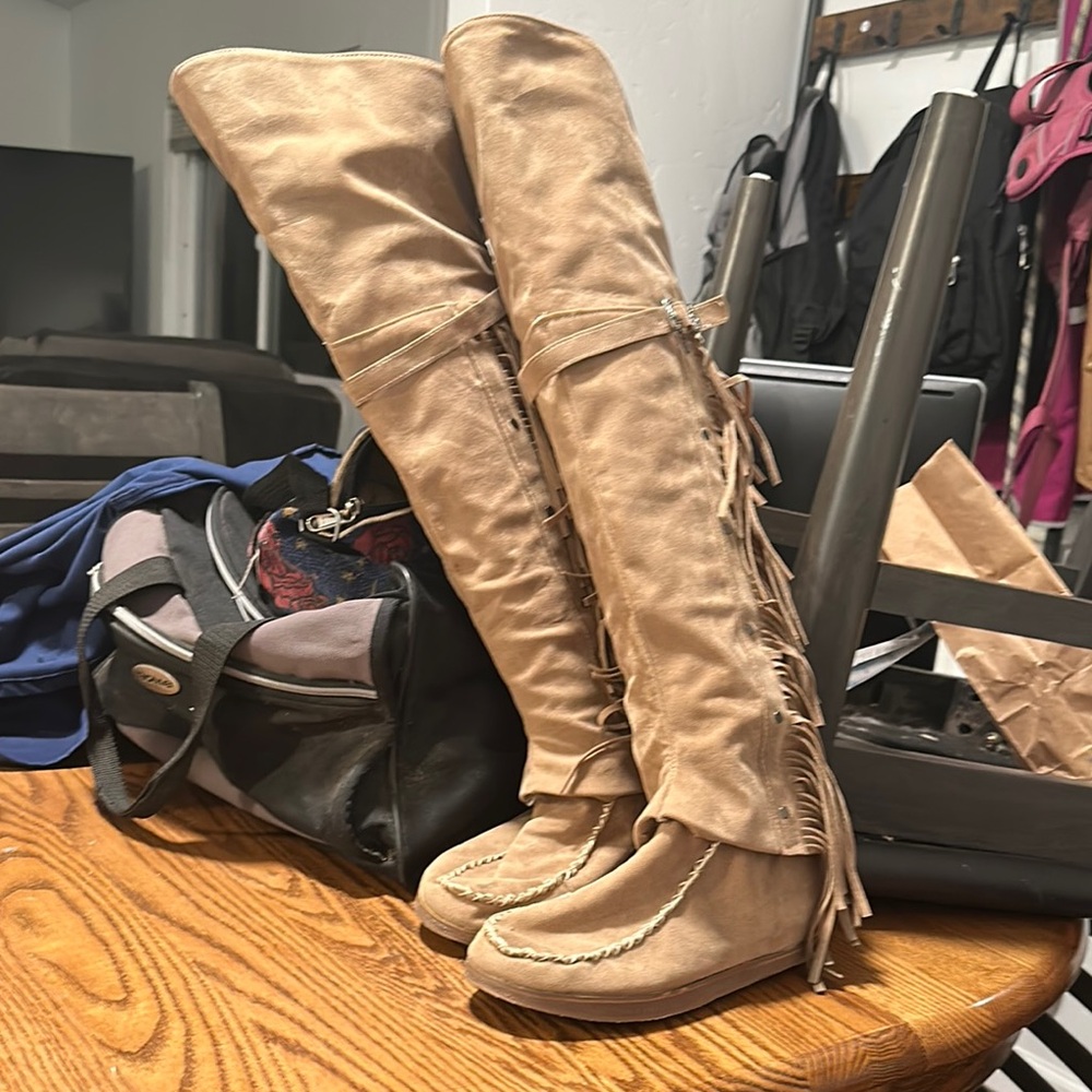 Fringe Tan Knee-High Boots